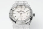 Audemars Piguet watch with textured silver dial, bezel screws, and steel bracelet
