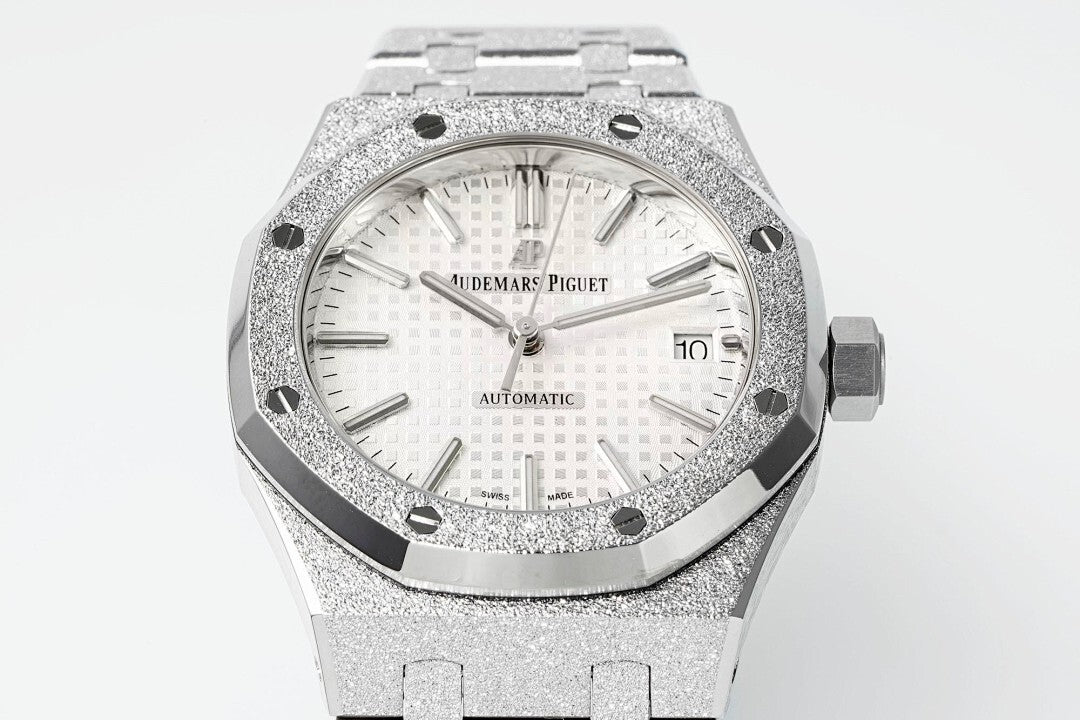 Audemars Piguet watch with textured silver dial, bezel screws, and steel bracelet