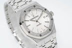 Audemars Piguet watch with white dial, baton markers, and textured steel case