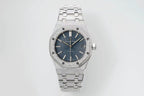 Audemars Piguet watch front view with blue dial and silver metal link bracelet
