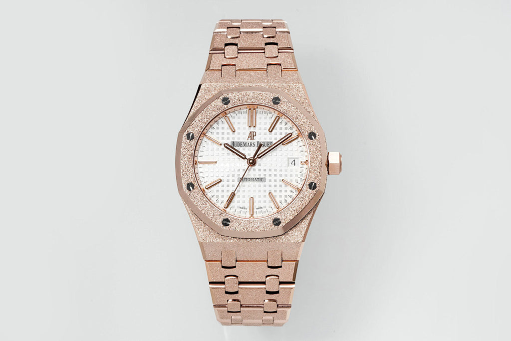 Rose gold-toned Audemars Piguet-style automatic wristwatch with metal link bracelet