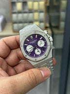 Audemars Piguet wristwatch front with purple dial and chronograph subdials