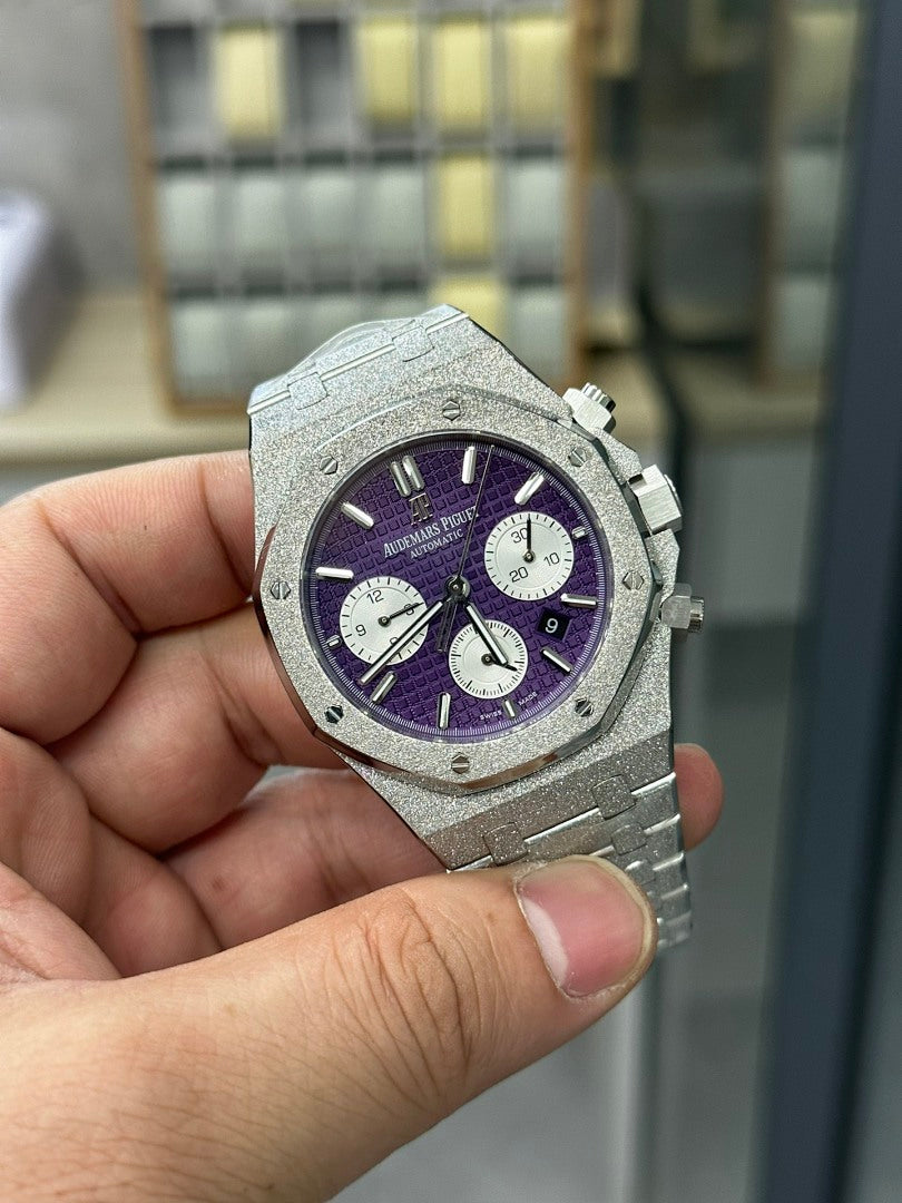 Audemars Piguet wristwatch front with purple dial and chronograph subdials