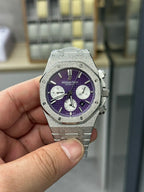 Audemars Piguet wristwatch front with purple dial and octagonal steel case