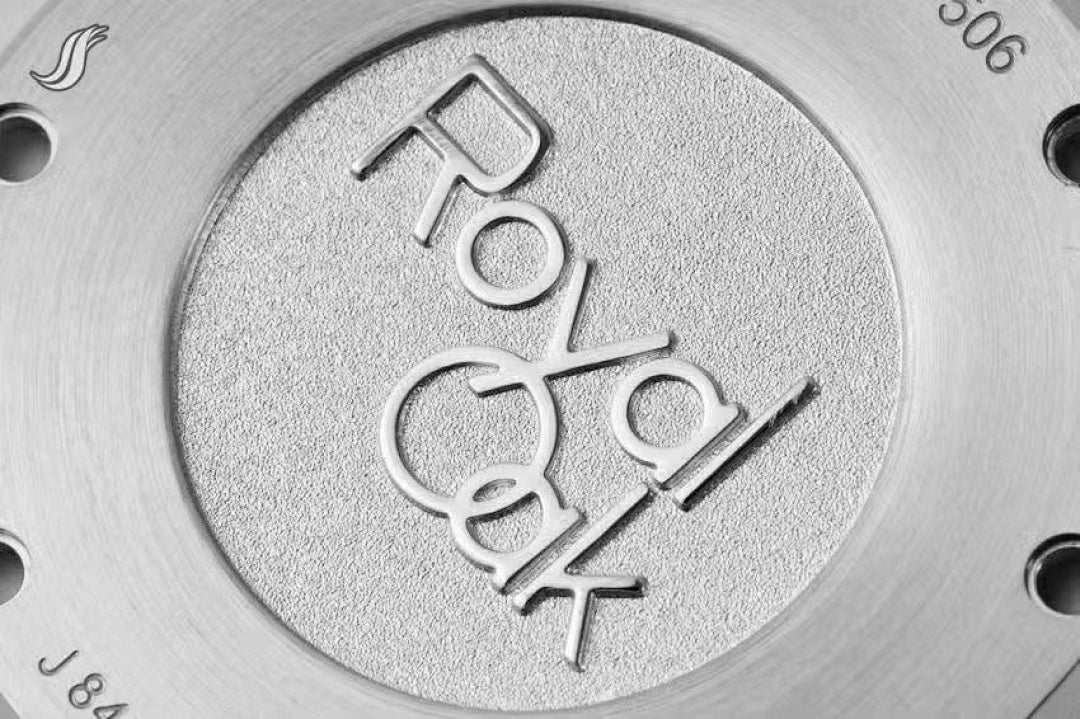 Watch caseback with engraved AP logo and metal texture.