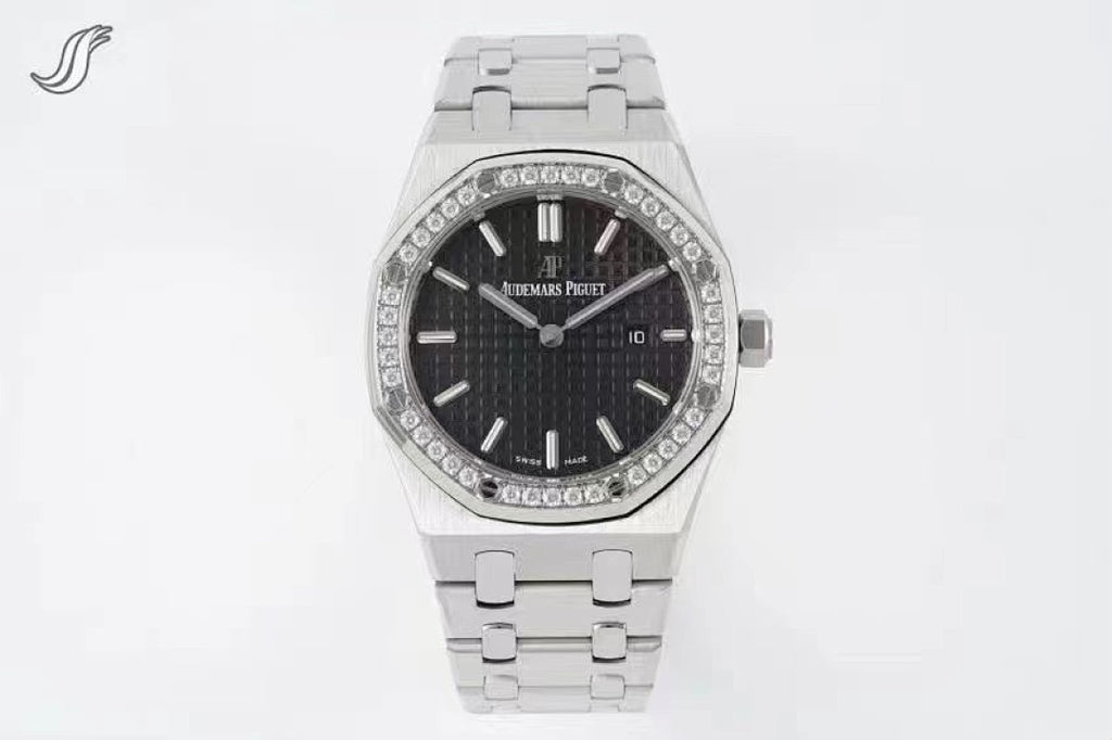 Stainless steel wristwatch with black dial, diamond bezel, and link bracelet.