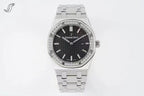 Stainless steel wristwatch with black dial, diamond bezel, and link bracelet.
