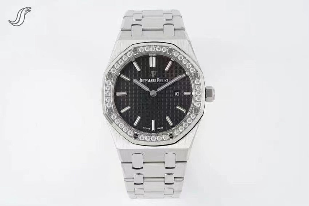 Stainless steel wristwatch with black dial, diamond bezel, and link bracelet.