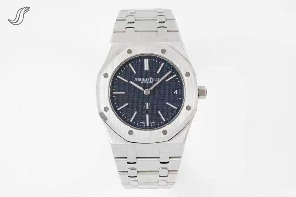 Stainless steel wristwatch with dark blue dial and link bracelet.