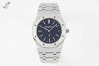 Stainless steel wristwatch with dark blue dial and link bracelet.