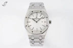 Stainless steel wristwatch with silver dial and link bracelet.