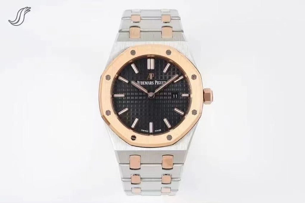 Two-tone wristwatch with black dial, rose gold bezel details, and link bracelet.