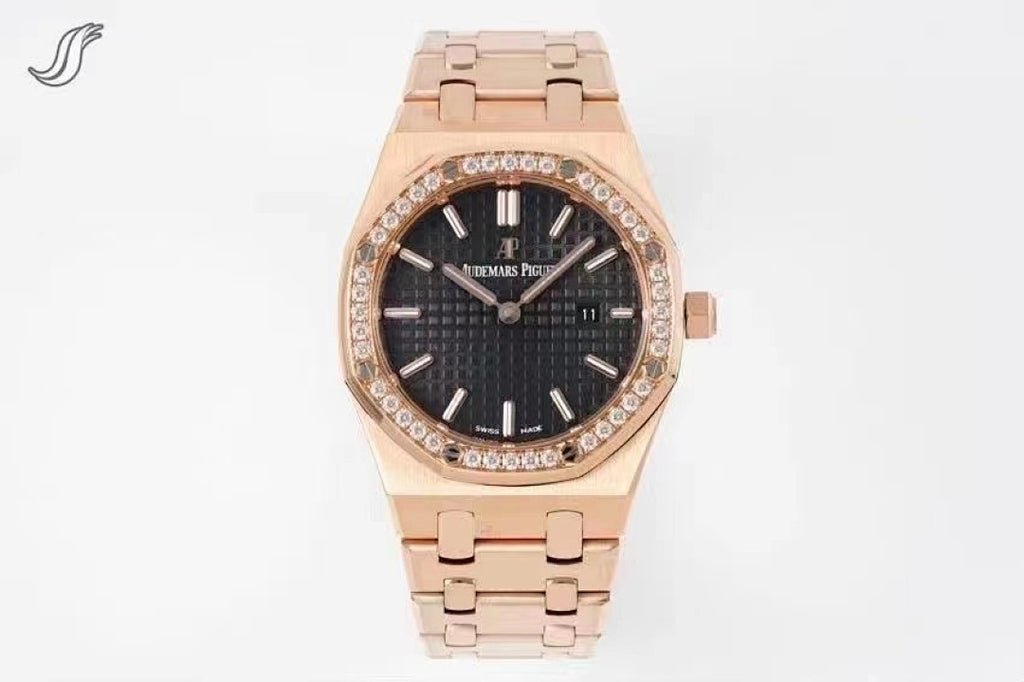 Rose gold wristwatch with white dial, diamond bezel, and link bracelet.