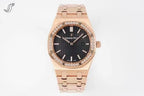 Rose gold wristwatch with white dial, diamond bezel, and link bracelet.