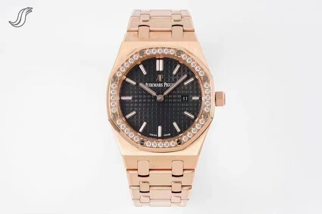 Rose gold wristwatch with white dial, diamond bezel, and link bracelet.