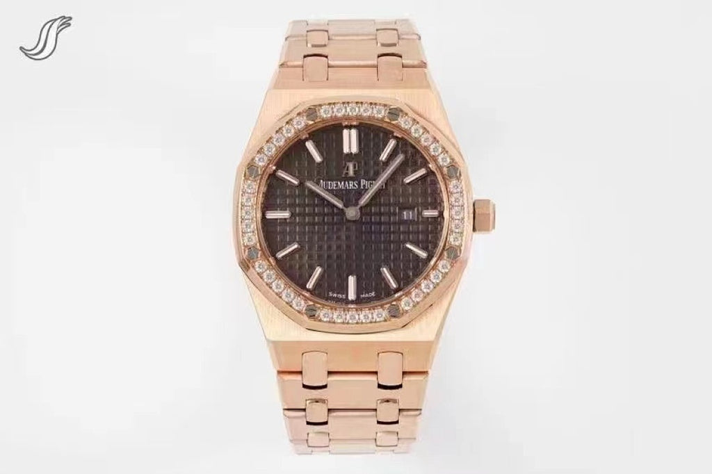 Rose gold wristwatch with black dial, diamond bezel, and link bracelet.