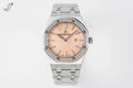 Audemars Piguet watch with rose dial, diamond-set bezel, and stainless bracelet