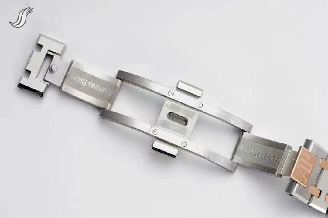 Audemars Piguet watch bracelet with clasp in silver metal and rose-toned links