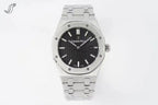Audemars Piguet watch with black dial, diamond-set bezel, and stainless bracelet