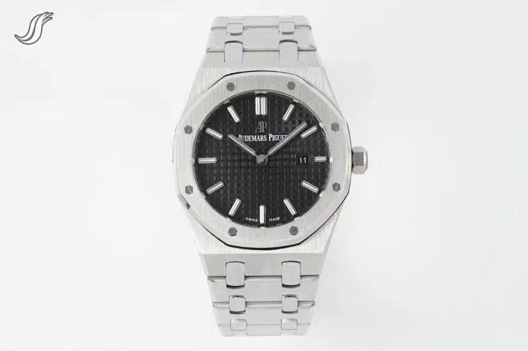 Audemars Piguet watch with black dial, diamond-set bezel, and stainless bracelet