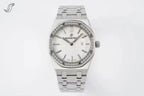 Audemars Piguet watch with silver dial and diamond bezel on stainless bracelet