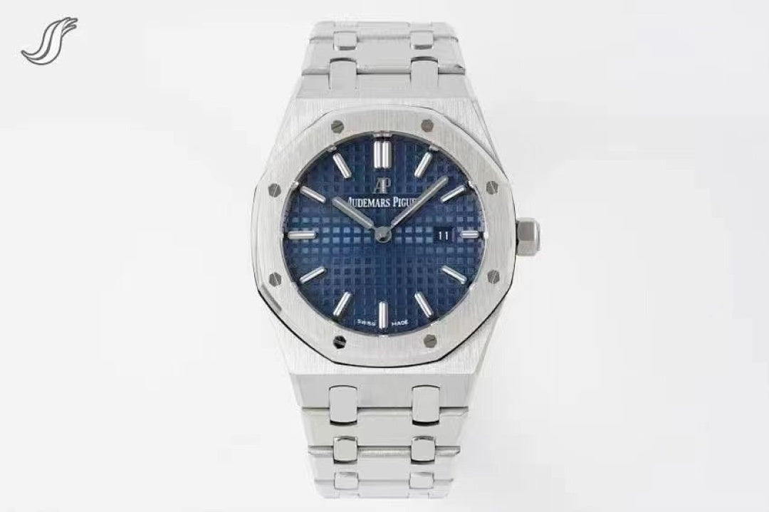 Audemars Piguet watch with blue dial, diamond-set bezel, and stainless bracelet
