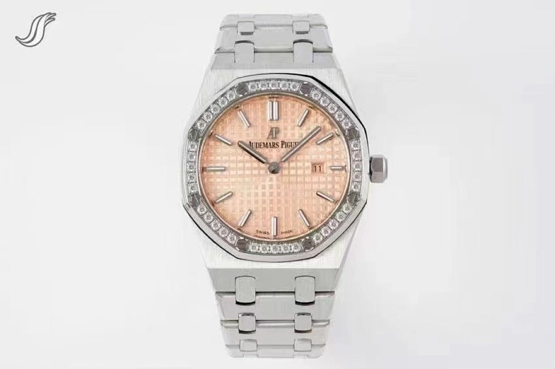 Audemars Piguet watch with rose dial and diamond-set bezel on stainless bracelet