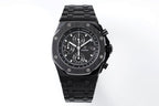 Audemars Piguet black chronograph watch with linked bracelet and dark dial