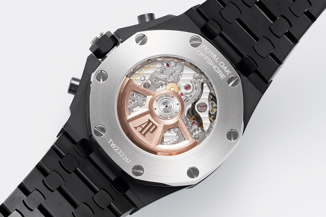 Audemars Piguet watch case with exposed movement through sapphire window and black strap