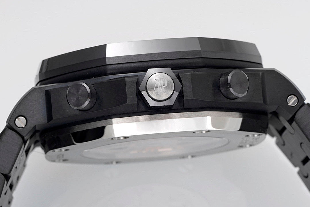 Audemars Piguet watch top view with black bezel and crown and pushers