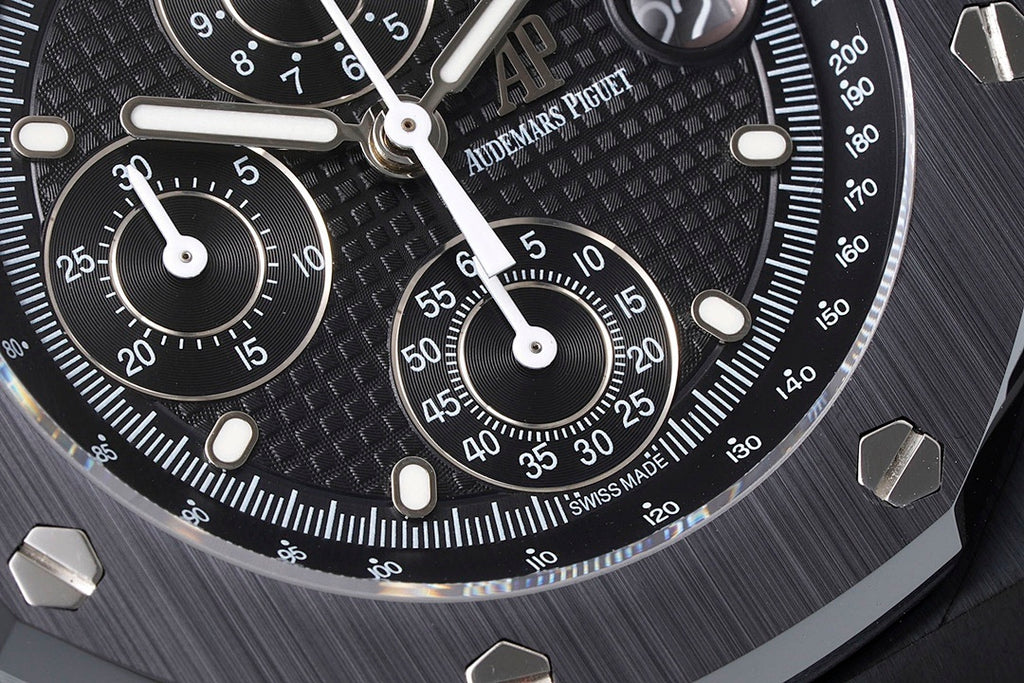 Audemars Piguet black dial chronograph with three subdials and raised time markers
