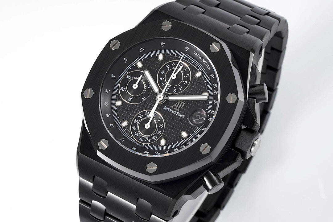 Audemars Piguet black chronograph watch with textured dial and metal bezel