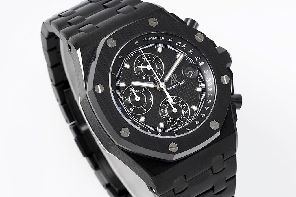 Audemars Piguet black chronograph watch angled view with tachymeter scale bezel