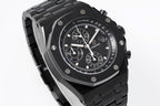 Audemars Piguet black chronograph watch angled view with tachymeter scale bezel