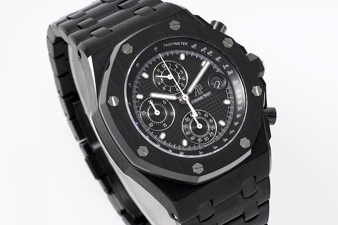Audemars Piguet black chronograph watch angled view with tachymeter scale bezel