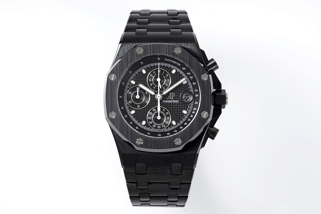 Audemars Piguet black chronograph watch front view with linked bracelet and dark dial