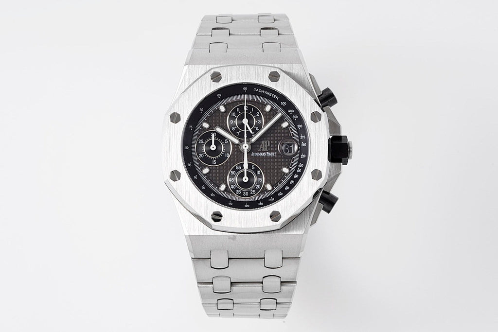 Audemars Piguet luxury chronograph watch with black dial and silver metal bracelet.