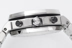 Audemars Piguet chronograph watch, steel top view with black bezel and side pushers.