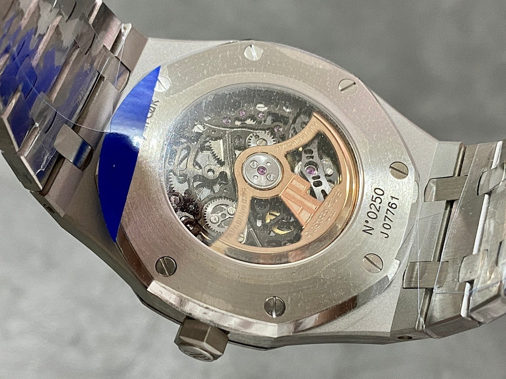 Audemars Piguet Royal Oak skeleton watch, open caseback with mechanical movement