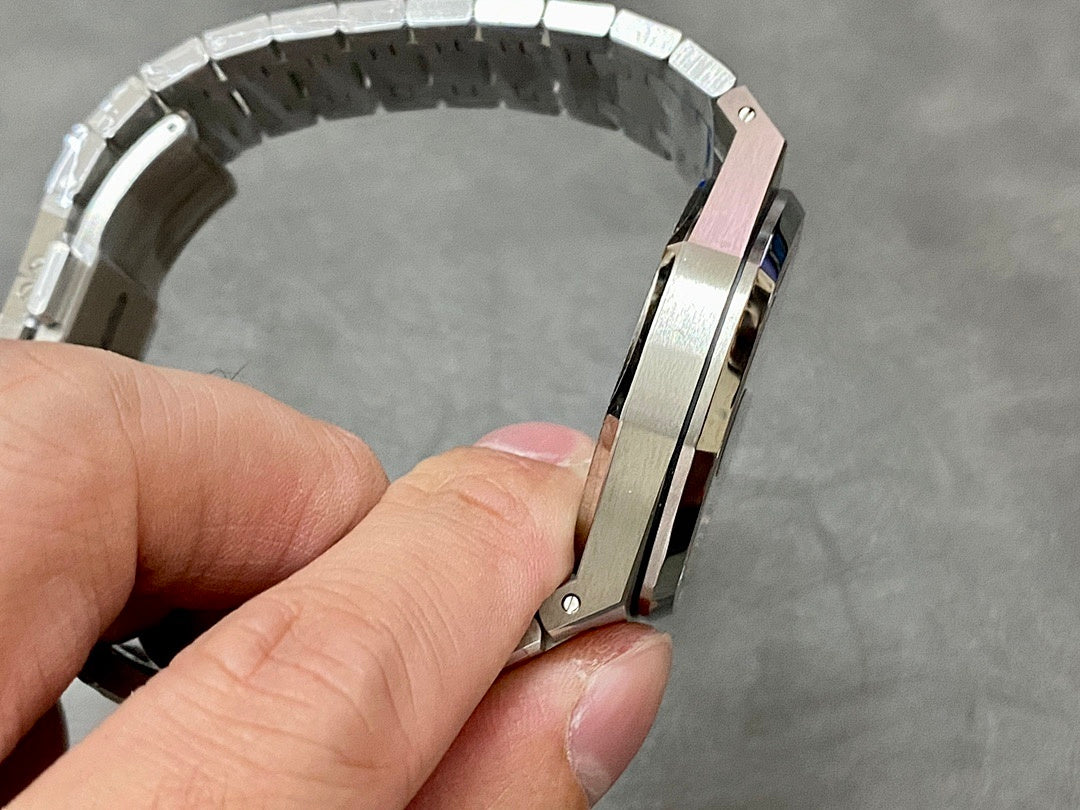Audemars Piguet Royal Oak watch with silver metal bracelet, angled case view