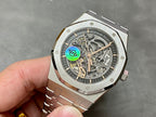 Audemars Piguet Royal Oak skeleton watch with silver case, black dial and green emblem