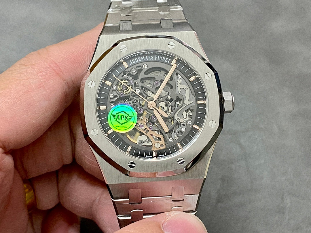 Audemars Piguet Royal Oak skeleton watch, silver bracelet and dial detail close-up