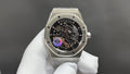 Luxury skeleton wristwatch, silver steel case, black dial, purple details on face