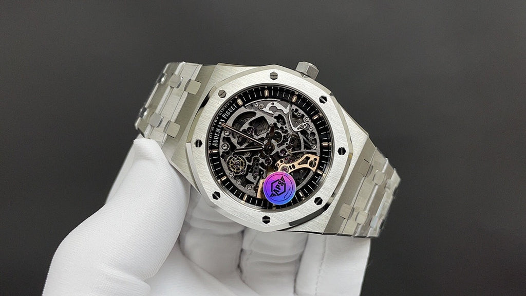 Luxury skeleton wristwatch, silver steel case with openwork dial and bracelet links