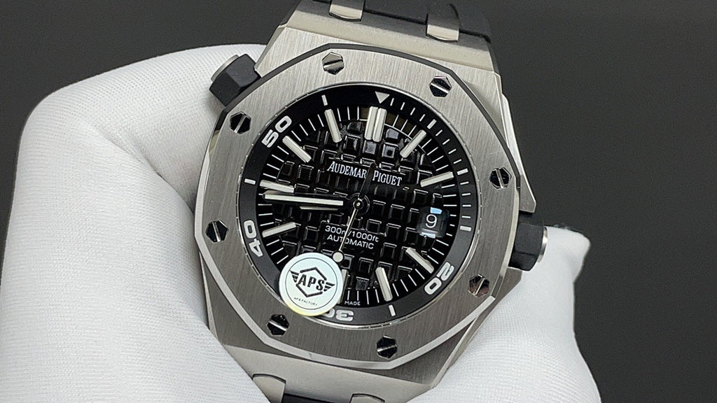 Stainless steel wristwatch with black dial, skeleton-style subdials, and metal bracelet.