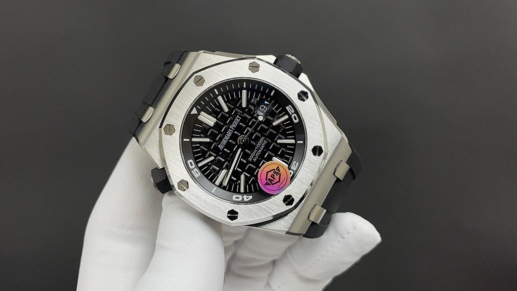 Stainless steel wristwatch with black dial, chronograph-style subdials, and crown.