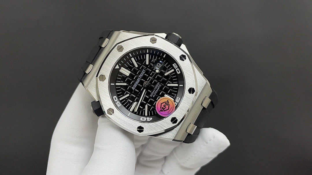 Stainless steel wristwatch with black dial, chronograph-style subdials, and crown.