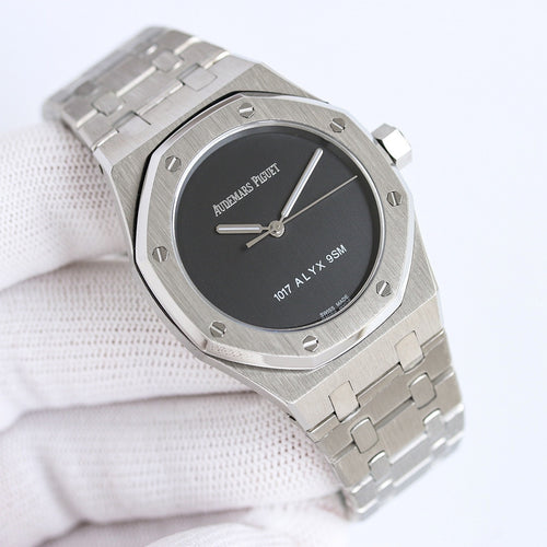 Audemars Piguet watch with black dial and stainless steel bracelet, round case