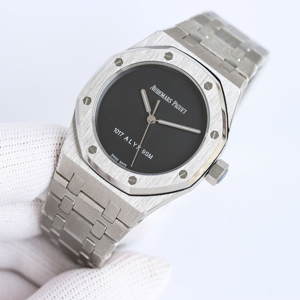 Audemars Piguet watch with black dial, stainless steel bracelet, round octagonal bezel
