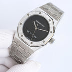Audemars Piguet watch with black dial, stainless steel bracelet, round octagonal bezel